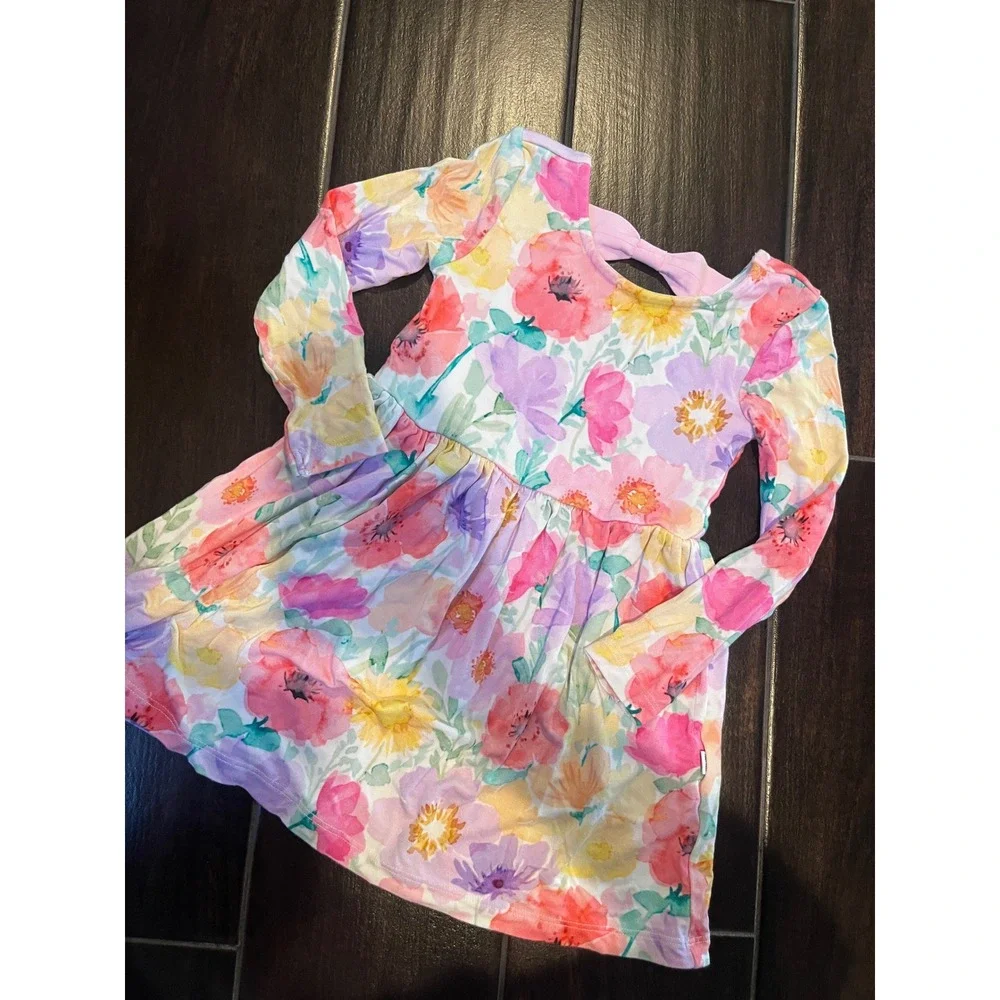 Little Sleepies Play Floral Bamboo Viscose Long Sleeve Dress 2T Watercolor Pink